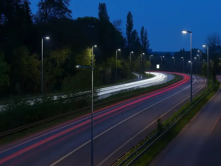 LED roadway lighting on urban street with pole-top luminaires