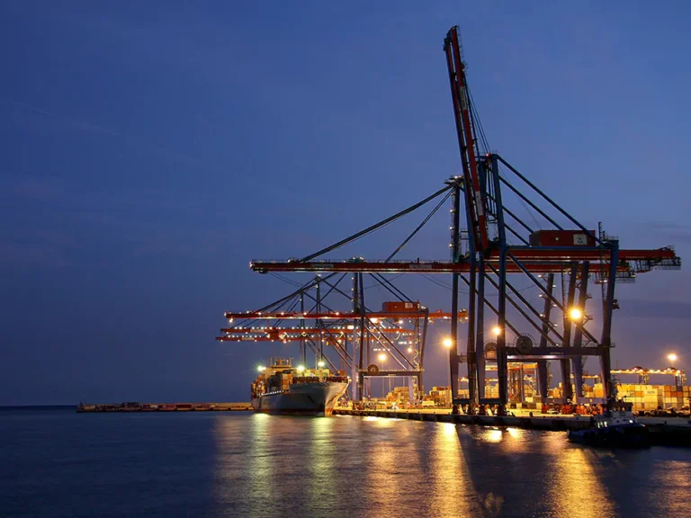 airport ground handling and port container operations under LED lighting