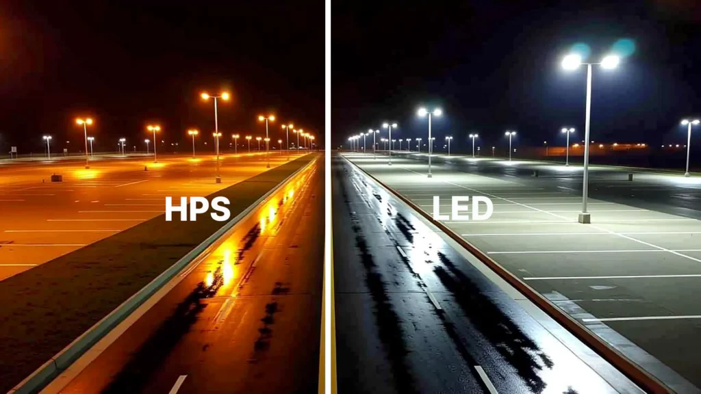 City street and parking lot retrofitted from HPS to LED lighting