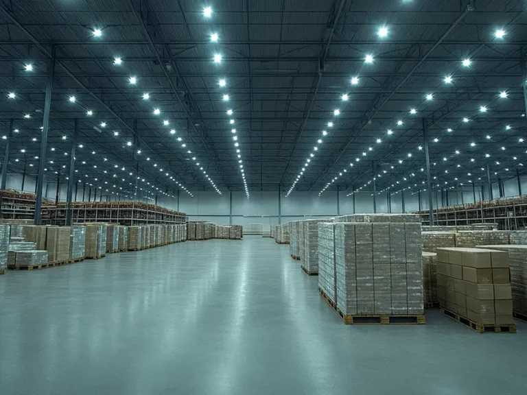 industrial LED high-bay lighting in dusty factory environment and logistics hub