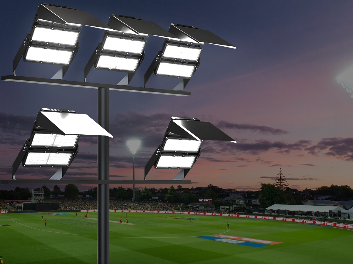 FL08 LED sports floodlight installed on stadium pole showing high-efficiency illumination