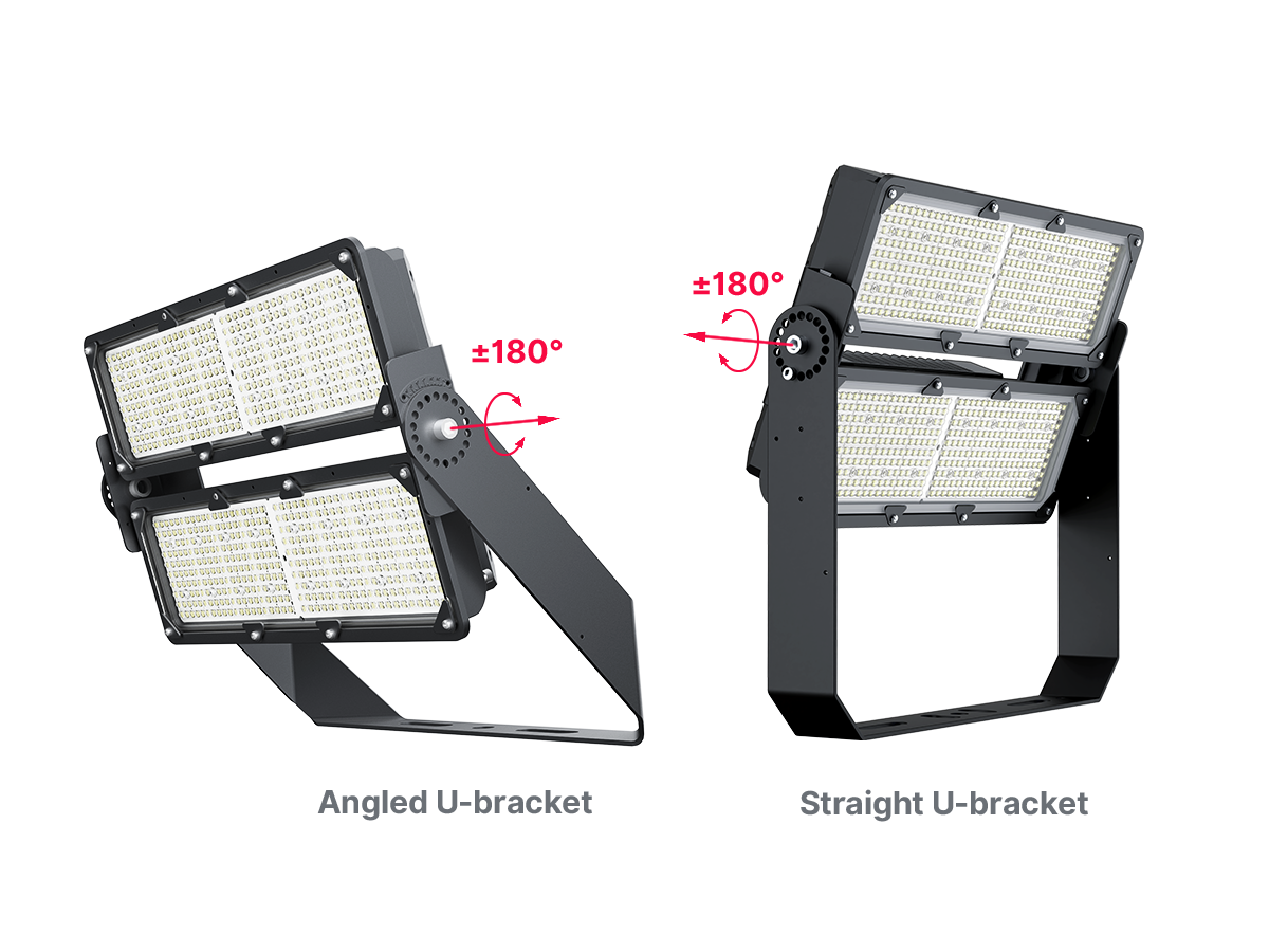 FL08 U-bracket comparison showing angled and straight bracket options with ±180° adjustment