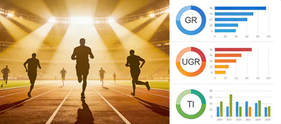 Glare metrics illustration (GR, UGR, TI) for stadium lighting