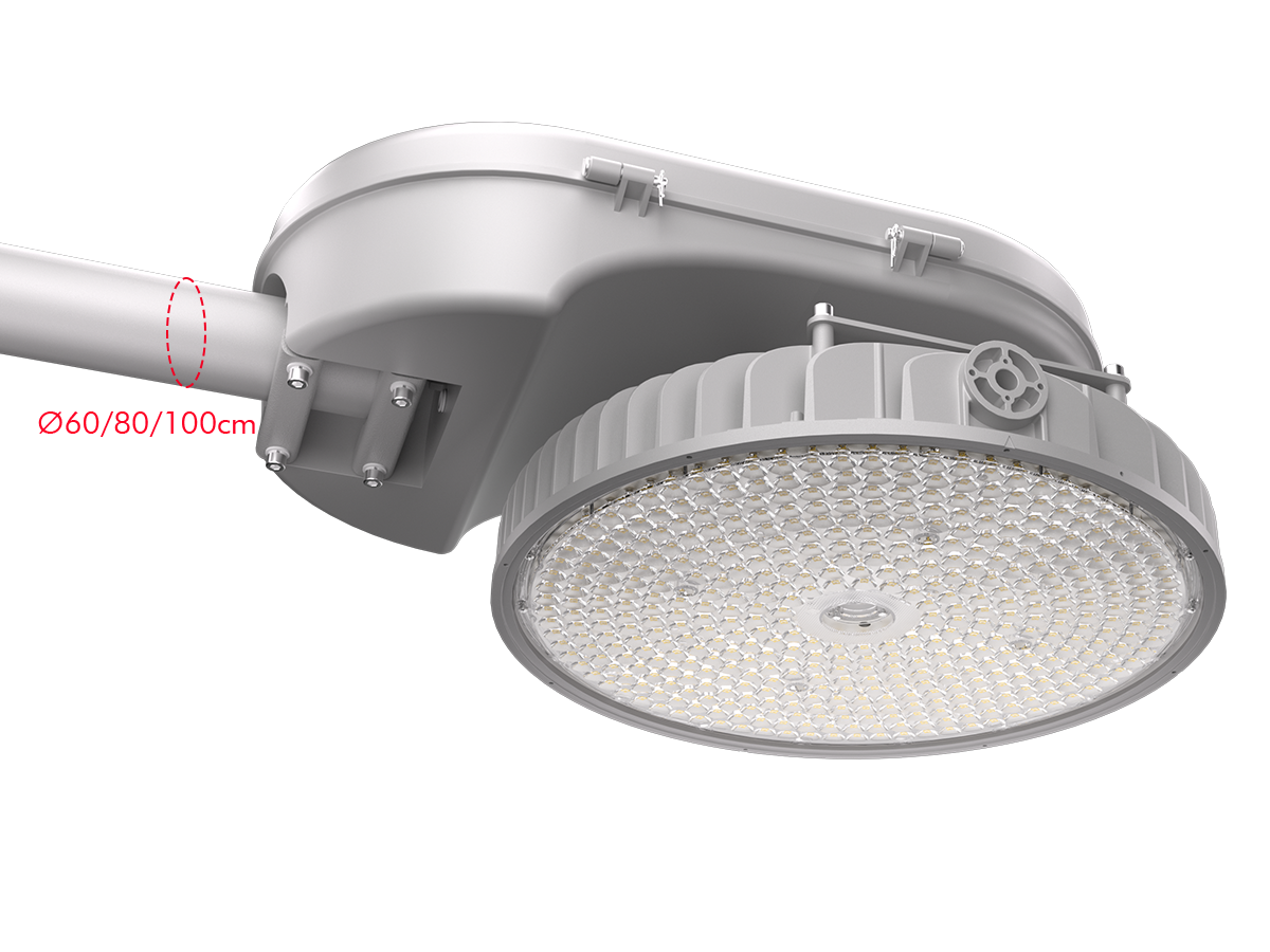 HM01R pole mounting interface showing Ø60/80/100cm compatibility