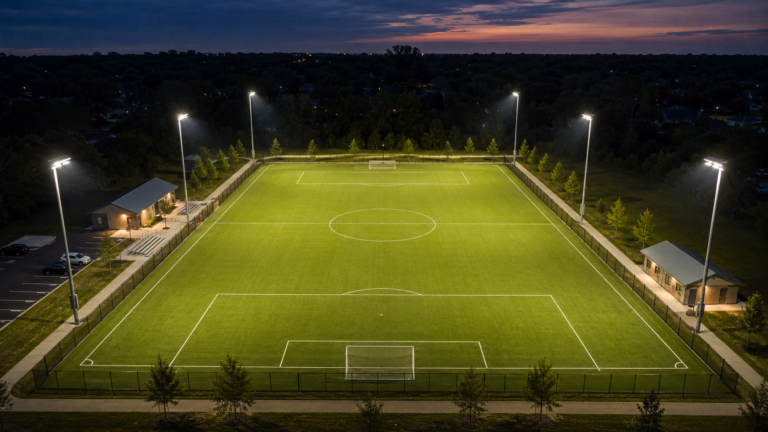 A single community soccer field with six poles outside the fence. A well-designed system should provide uniform field visibility while keeping glare under control for players, spectators and surrounding areas