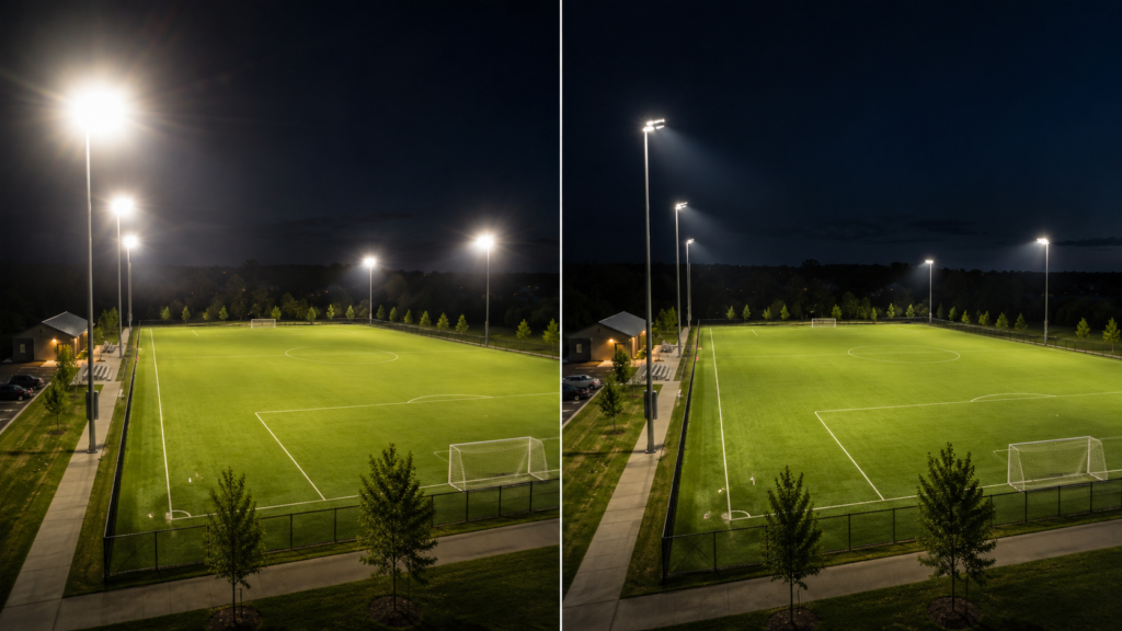Side-by-side comparison of a soccer field under bright stadium lights at night