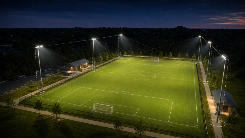 A lit soccer field at night with goals, parking lot, and surrounding trees
