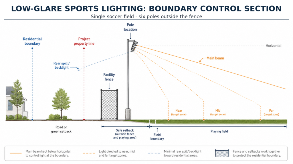 Diagram of low-glare sports lighting showing pole placement, beam angles, and setback zones to limit spill light