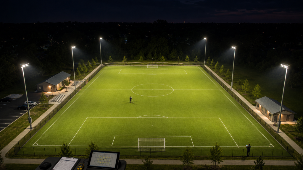 Nighttime aerial view of a lit soccer field with two people on the sidelines and one person on the field