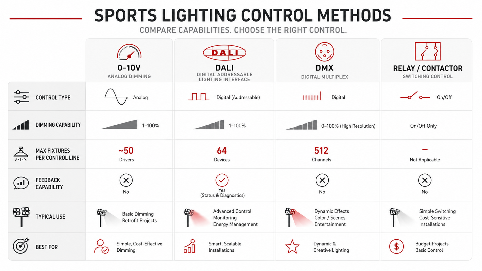 Tabla comparativa de métodos de control de iluminación deportiva: 0–10V, DALI, DMX y relé/contacto