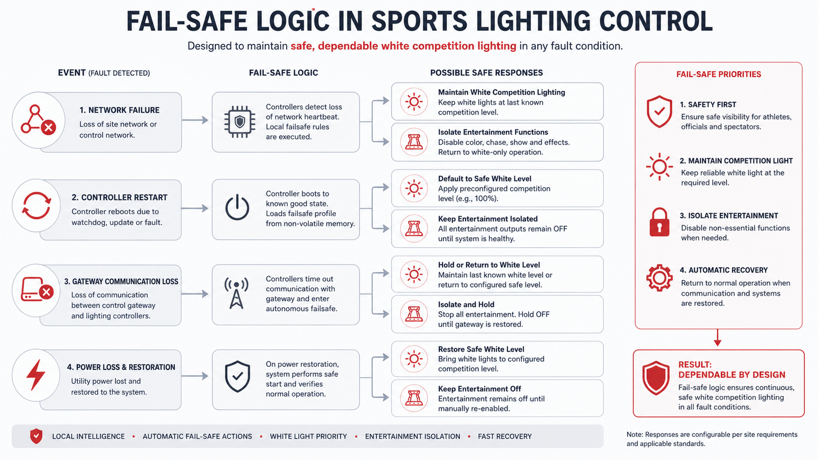 Infographic showing fail-safe logic for sports lighting control, prioritizing safe white competition light during faults