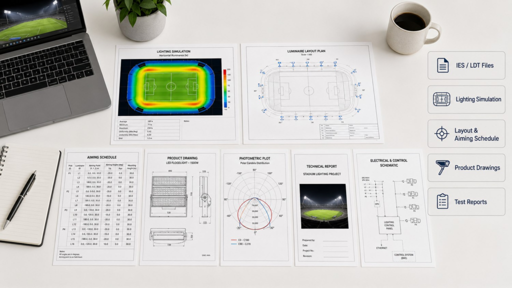  An engineering evidence pack should include photometric files, project simulation, layout and aiming schedules, drawings, electrical information and test reports.