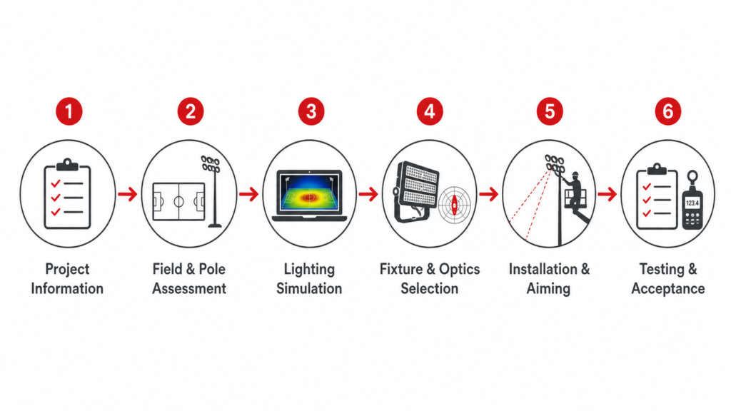 A practical selection workflow from project inputs and field assessment through simulation, fixture selection, installation, aiming, testing and acceptance