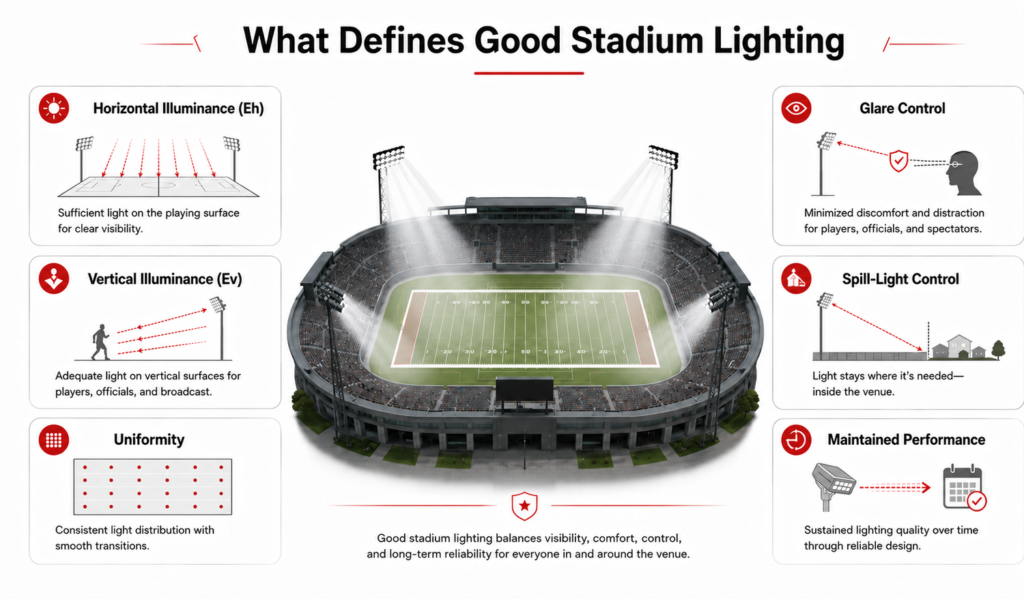 Good stadium lighting balances horizontal and vertical illuminance, uniformity, glare control, spill-light control, and maintained performance