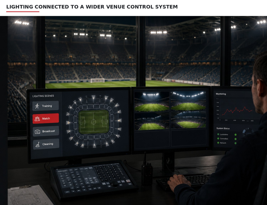 Stadium luminaires can connect to a wider venue control system through compatible interfaces and defined operating scenes.