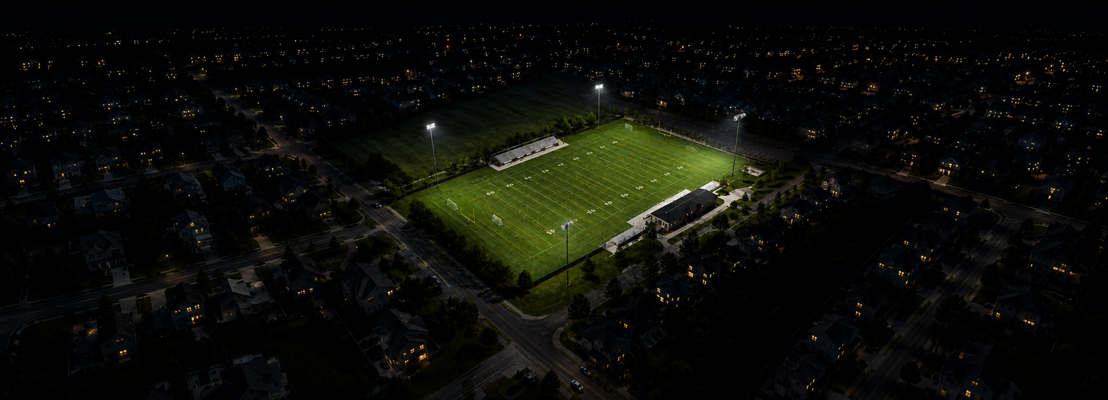 Aerial view of a four-pole community multi-sport field within a residential neighborhood at night