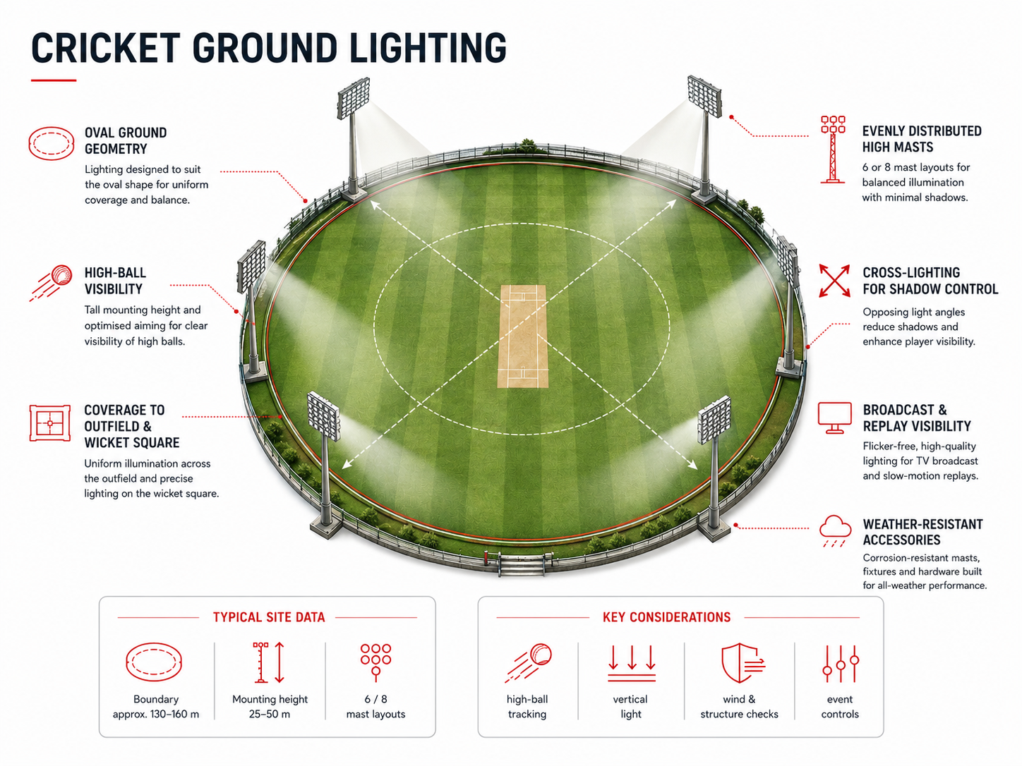 Typical engineering layout for cricket ground lighting