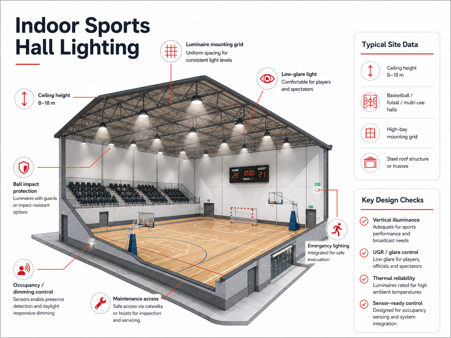 Typical mounting-grid concept for indoor sports hall lighting