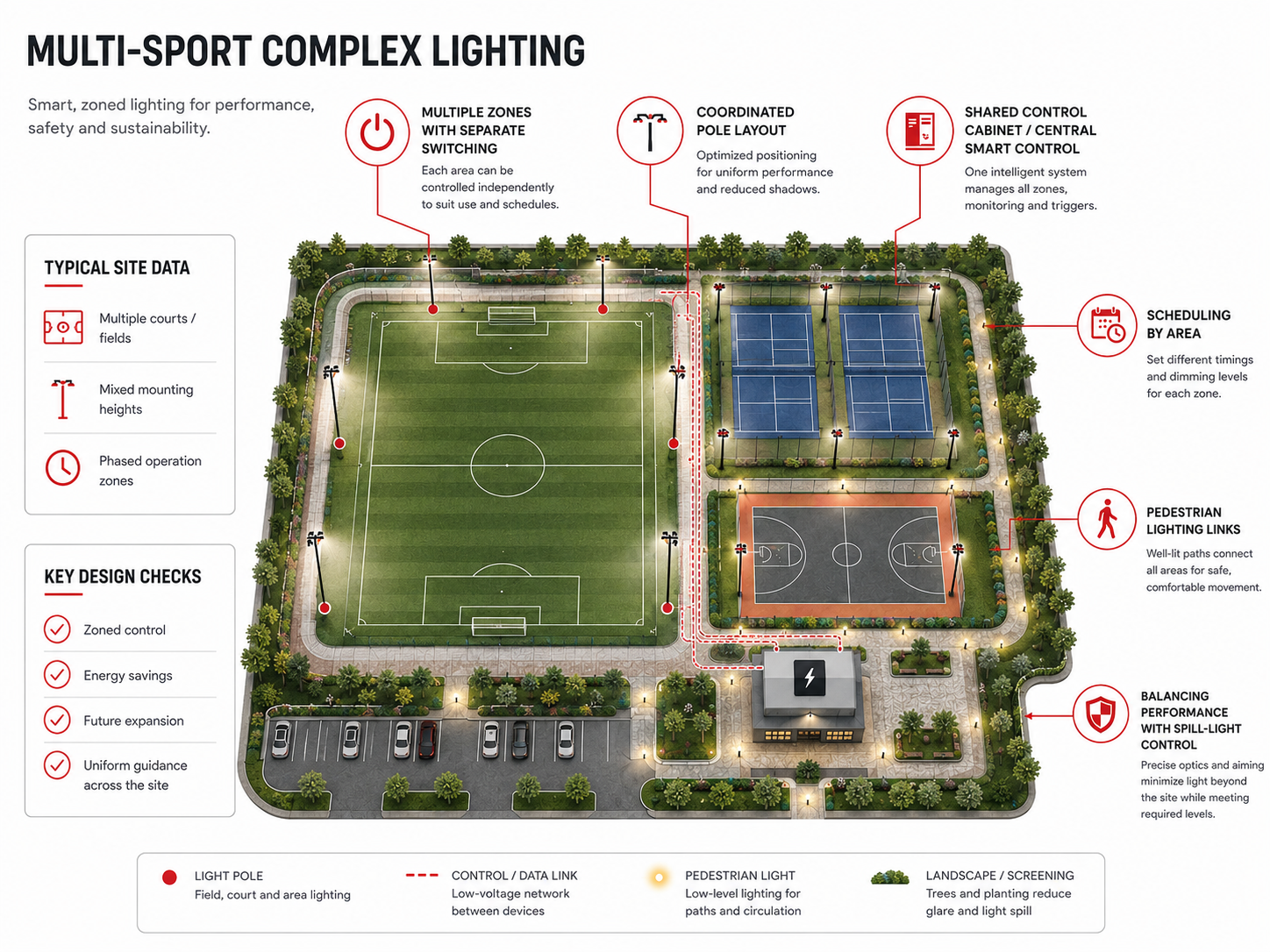Typical zoning concept for multi sport complex lighting