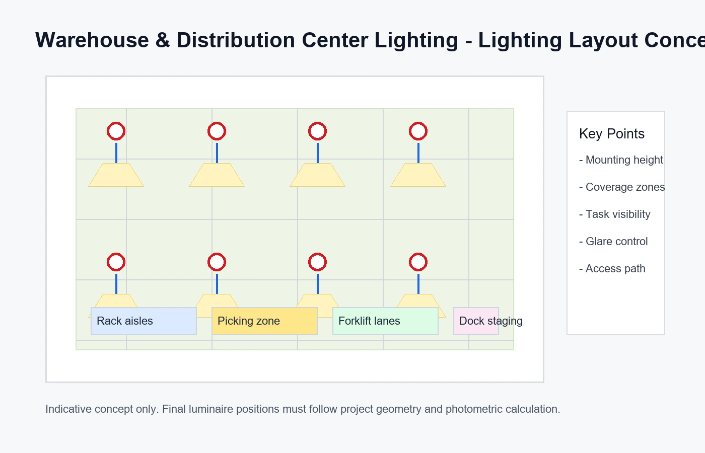 Typical layout for Warehouse & Distribution Center Lighting