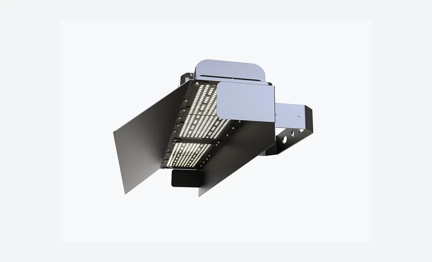 PL08 court-lighting luminaire shown separately with its visor accessory