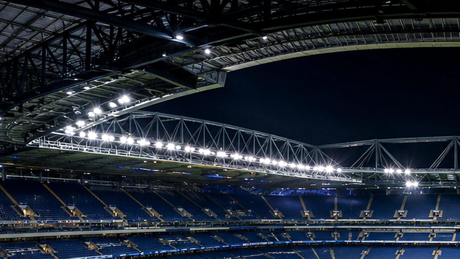 Professional stadium interior with roof-mounted lighting and long observer distances