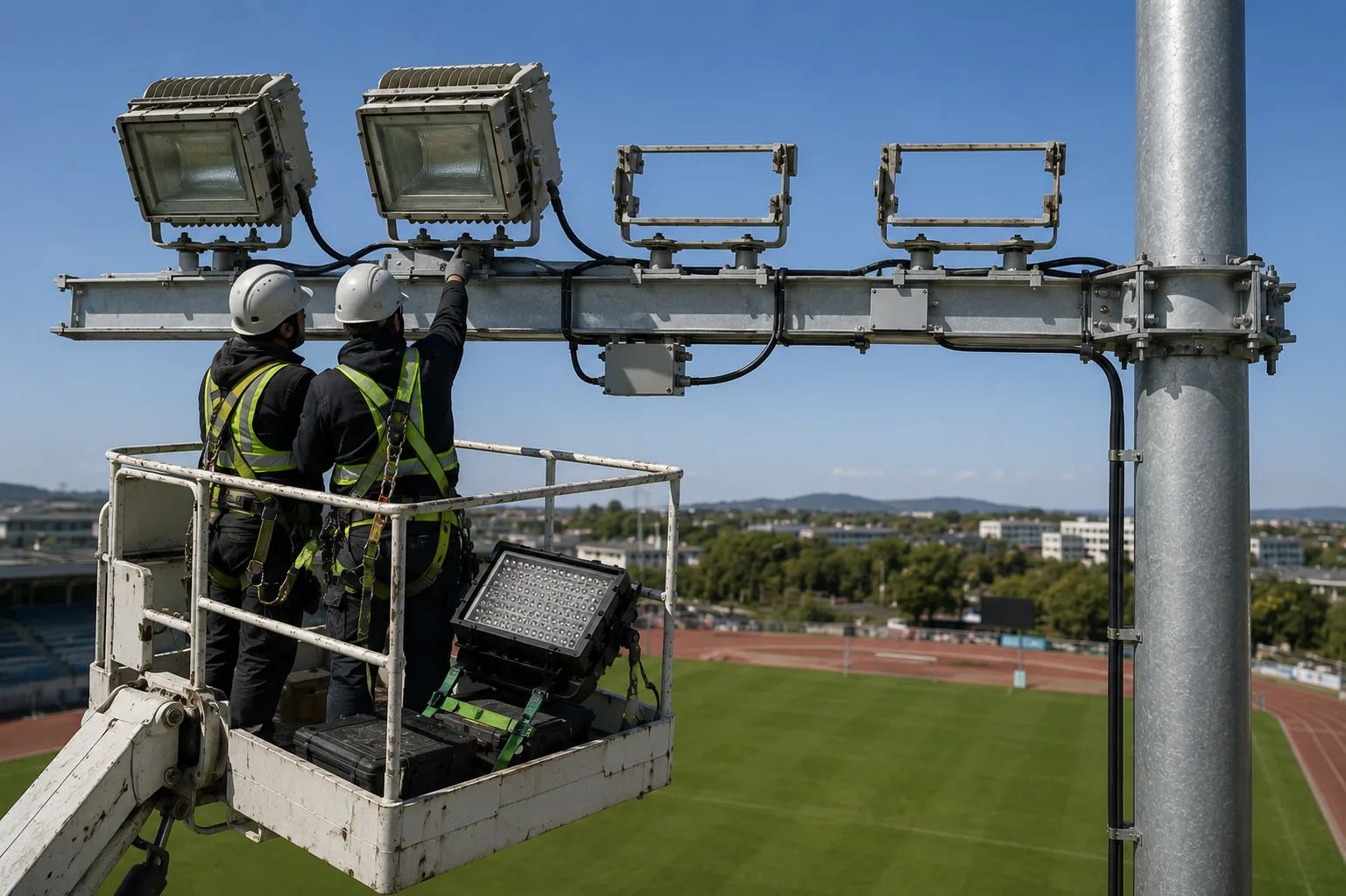 Technicians replacing or servicing stadium floodlights from an access platform above a sports field during daytime maintenance
