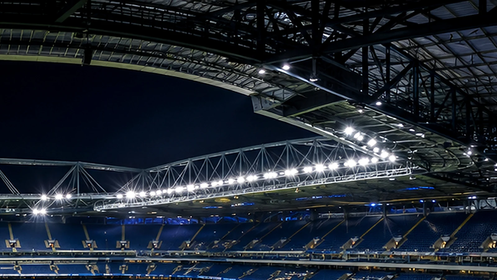 Stadium lighting and playing field shown in the same frame for discussing visible-source and field-performance trade-offs