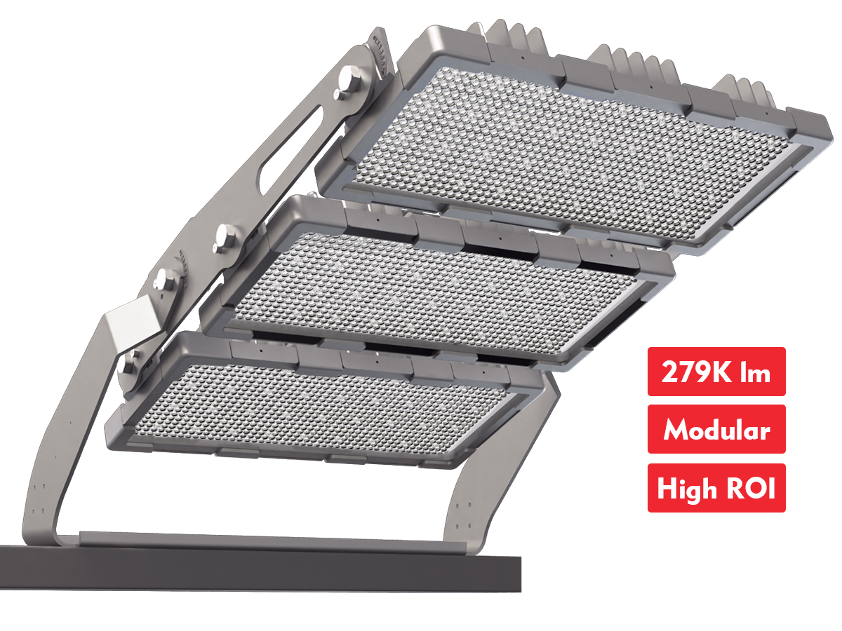 ZC FL26 sports floodlight showing its LED modules and adjustable mounting bracket