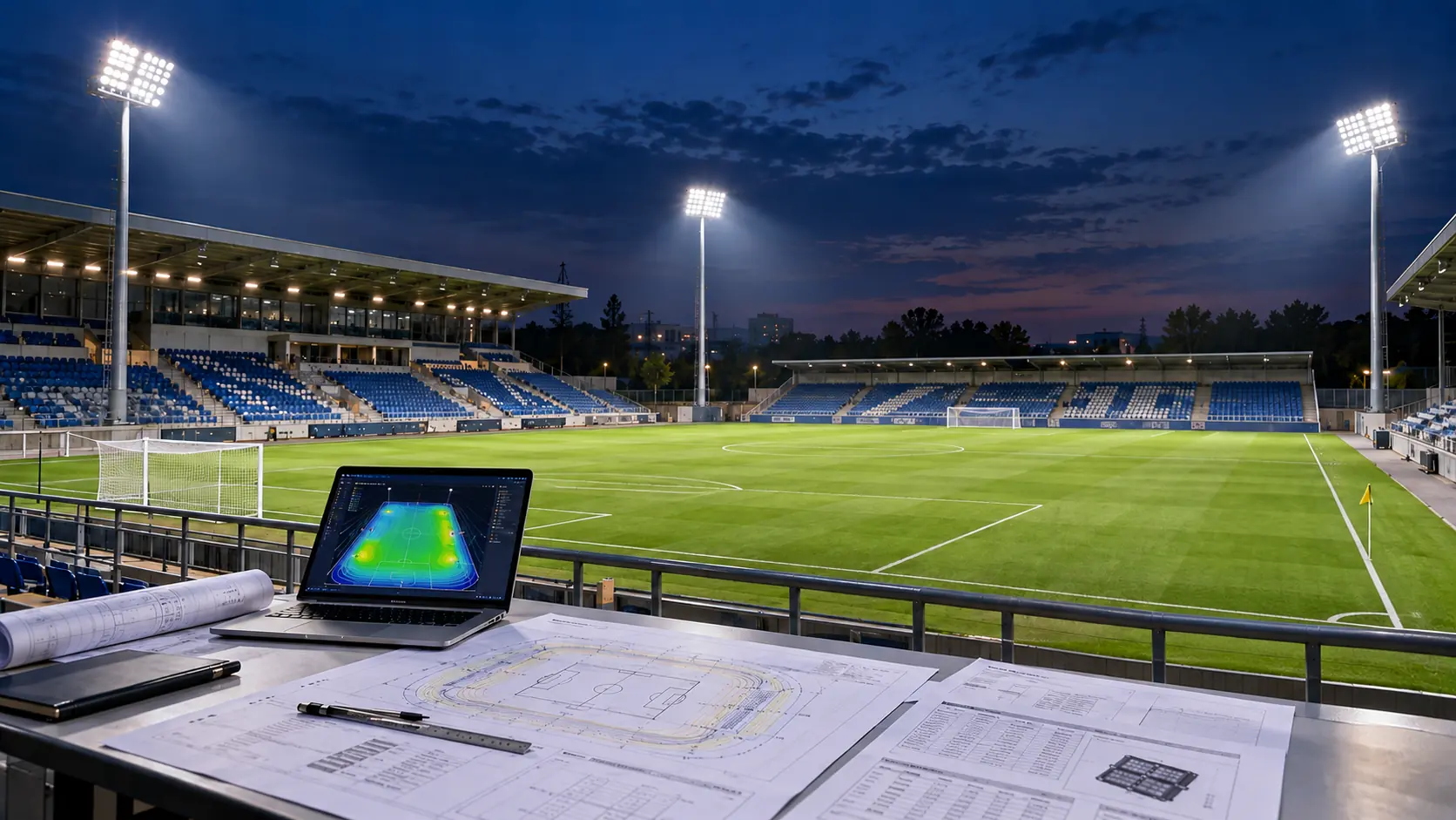 Sports lighting technical submittal with stadium photometric analysis and engineering drawings