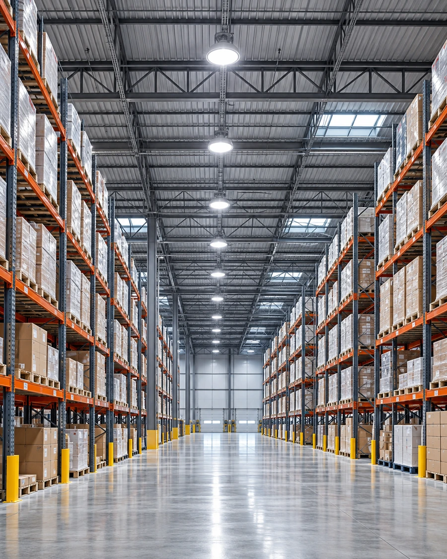 Industrial high-bay lighting in a warehouse